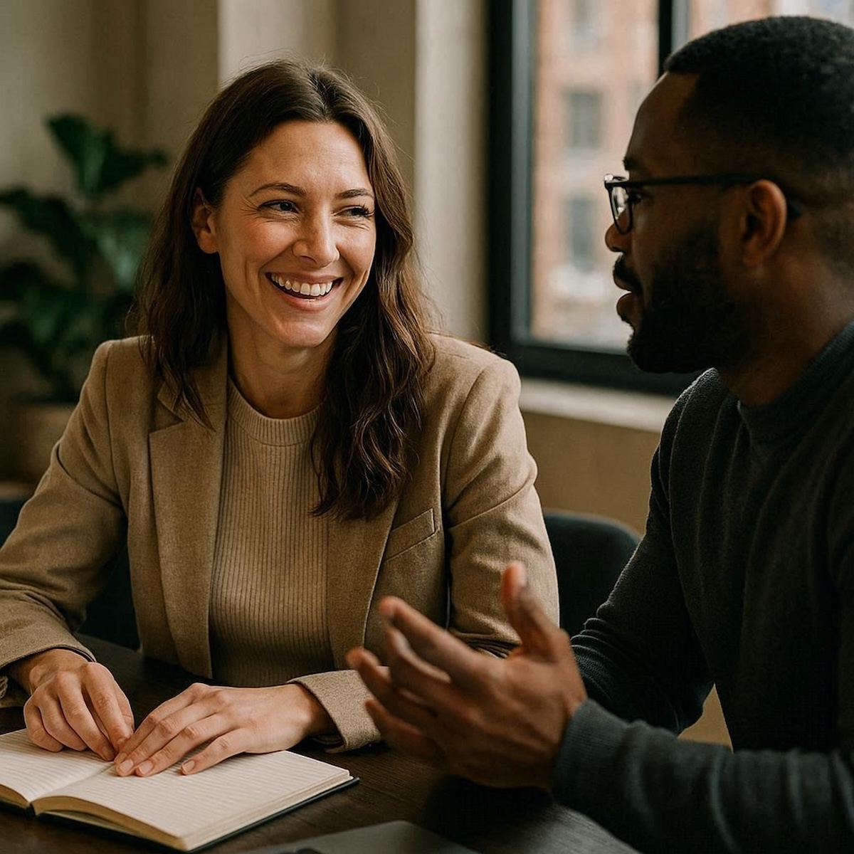 Two women in a warm, supportive conversation