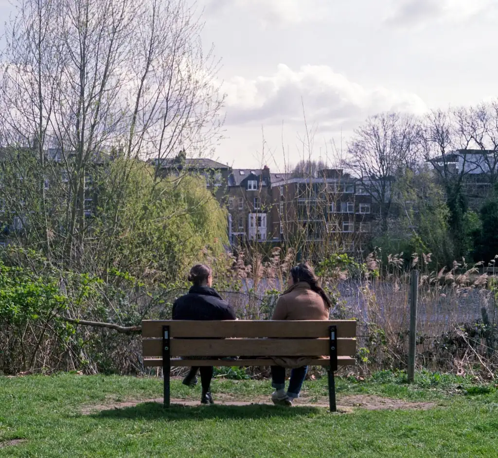 Two people sitting together on a wooden bench in a park