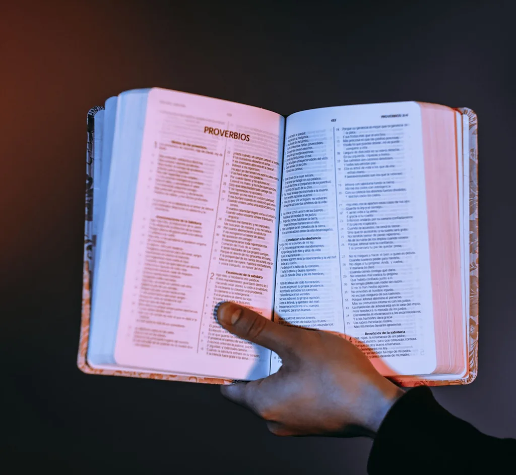 Person holding an open Bible in warm light while reading Scripture