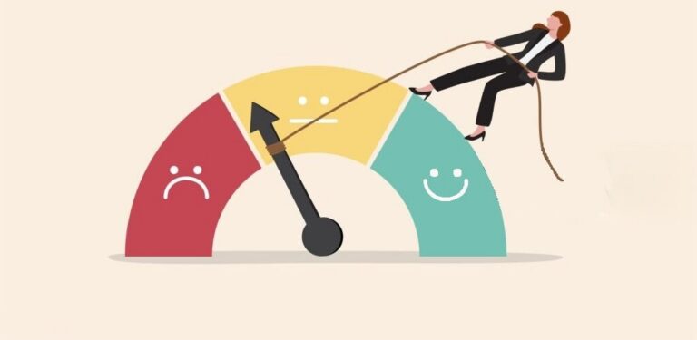 Illustration of a woman pulling a mood gauge needle away from the sad zone toward the happy zone