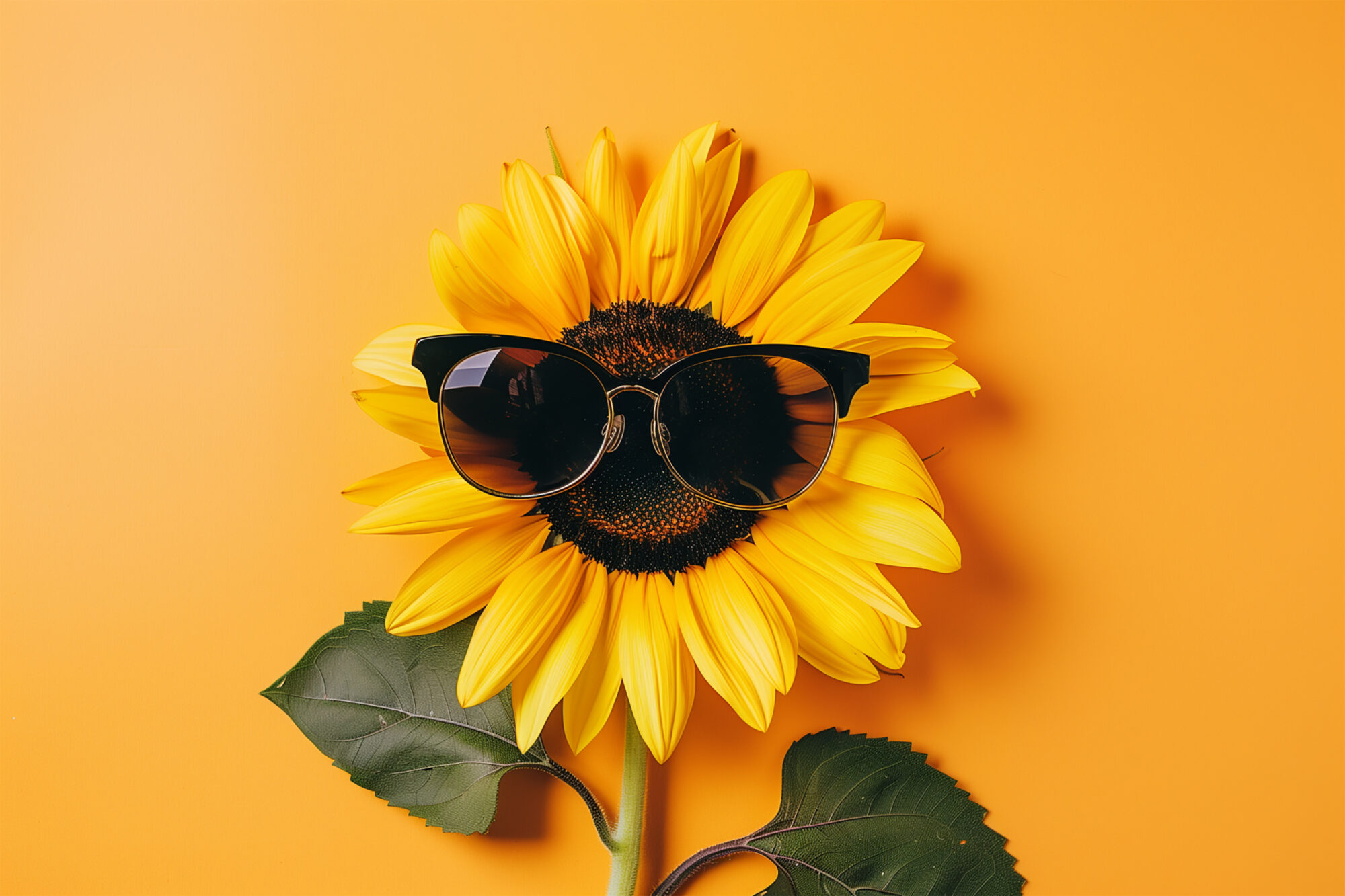 A sunflower wearing sunglasses against a bright orange background