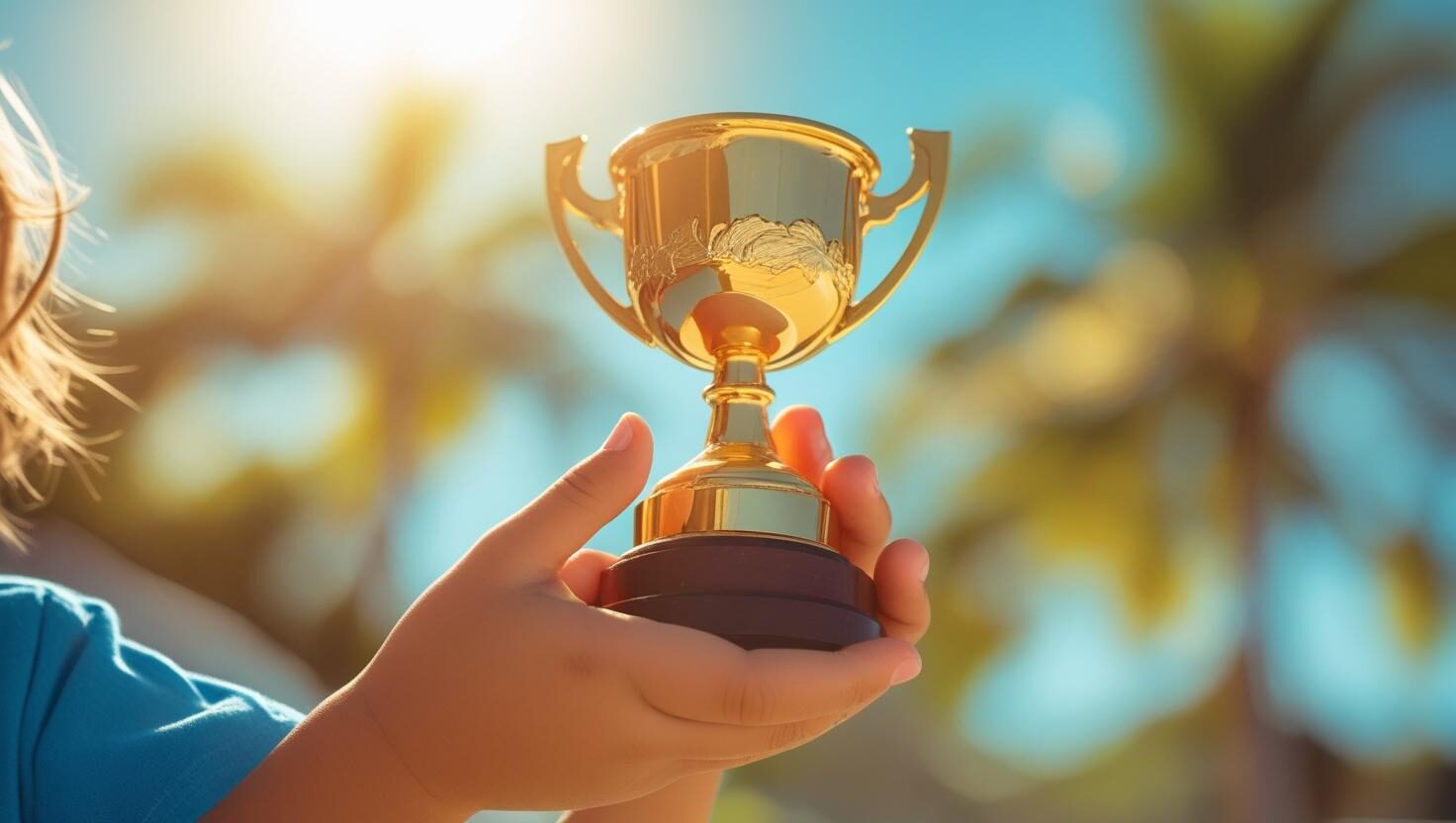 A child holding up a small gold trophy in the sunshine