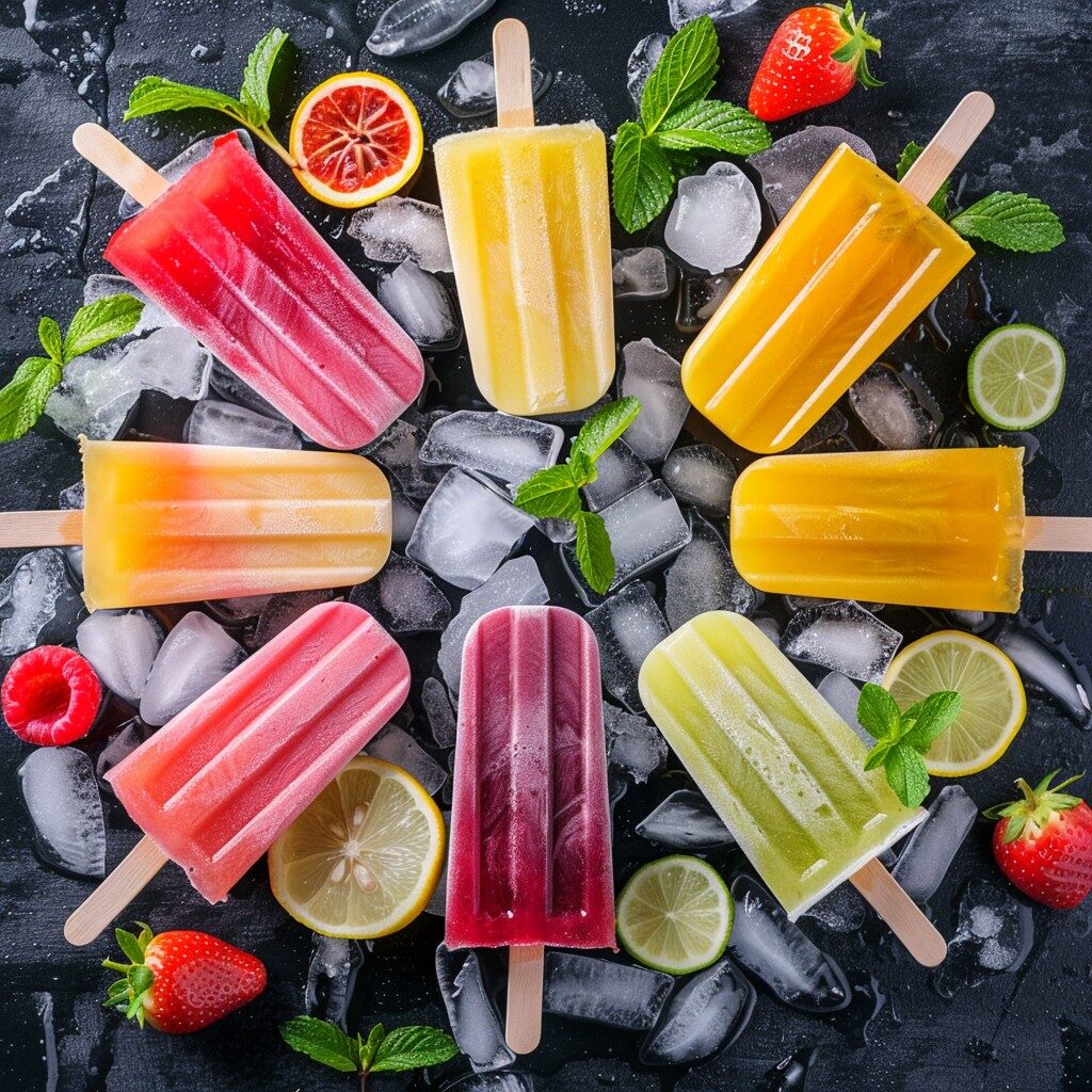 Colorful fruit popsicles arranged in a circle on ice with strawberries, citrus slices and mint